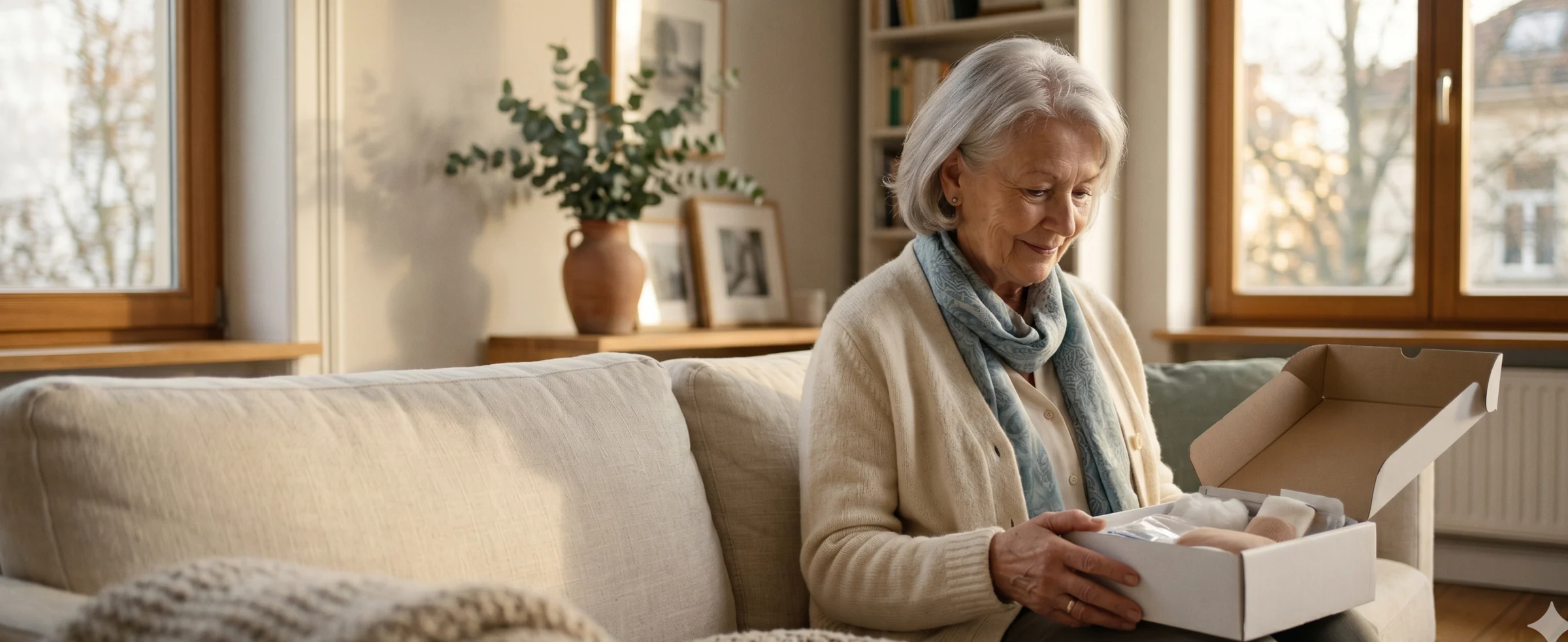 Seniorin sitzt im Wohnzimmer auf der Couch und öffnet eine Pflegebox mit Pflegeartikeln im warmen Tageslicht.